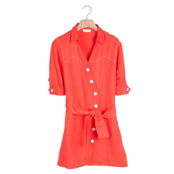 SANDRO EUC Asymmetric Button Mini Dress w/Waist Tie in Red Size FR 34/US 2 - Picture 3 of 5